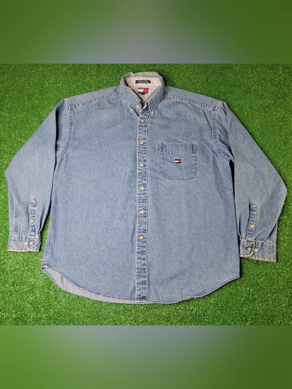 Vintage 90s Tommy Jeans Denim Men's Long Sleeve Button Down Shirt XL Blue Flag